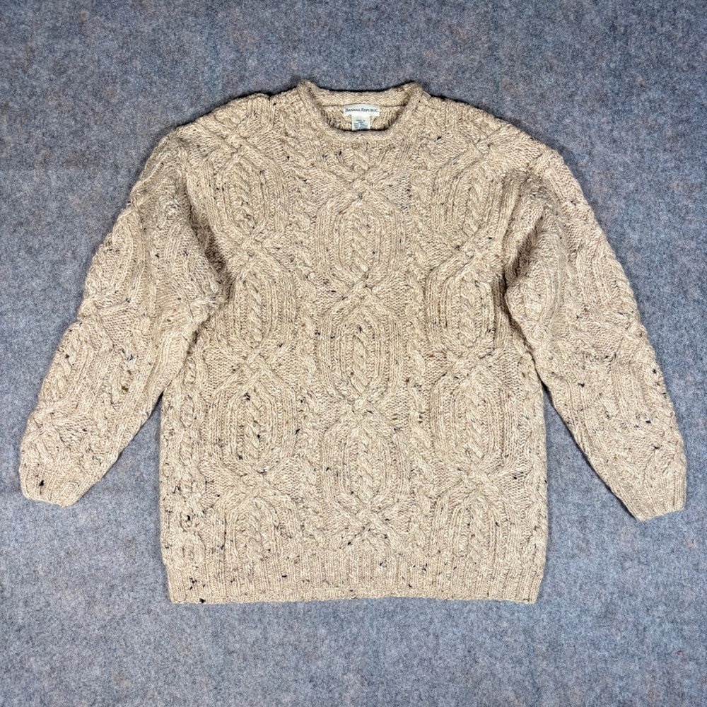 Banana Republic Fisherman Cable Knit Sweater Mens S Beige Wool Blend Roll Neck
